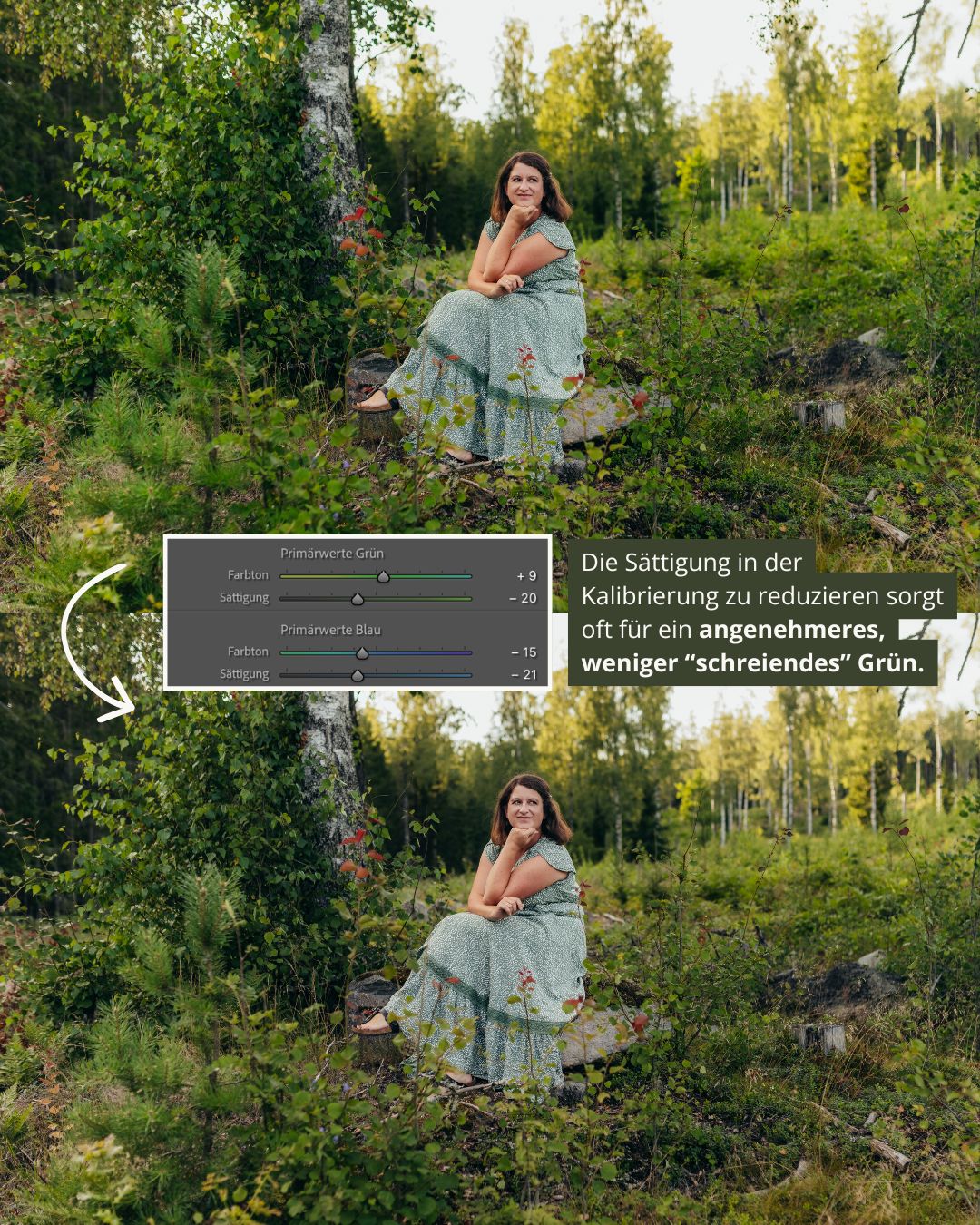Ein Vorher-Nachher-Vergleich, welchen Unterschied der Lightroom-Regler Kalibrierung macht. Am Bild sitzt wieder eine Frau auf einem Baumstamm, umgeben von ganz viel Grün.