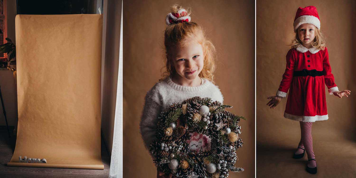 Weihnachtliche Fotos vor braunem Packpapier