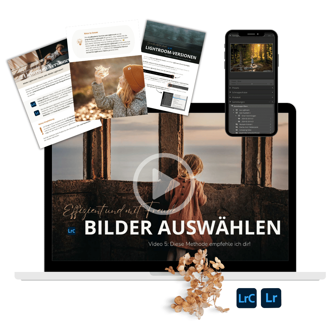 Mockup von verschiedenen Videoinhalten für den Onlinekurs Lightroom verstehen