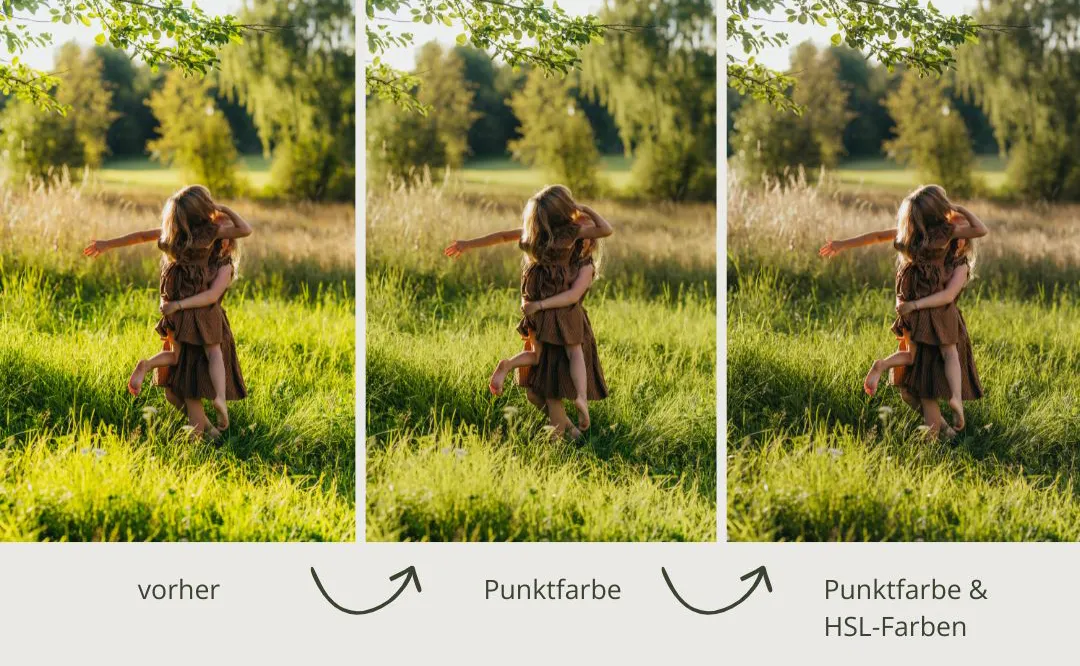Vergleich von Grüntönen vor einer Bearbeitung und nach der Bildbearbeitung über Punktfarbe und Farbmischer in Lightroom